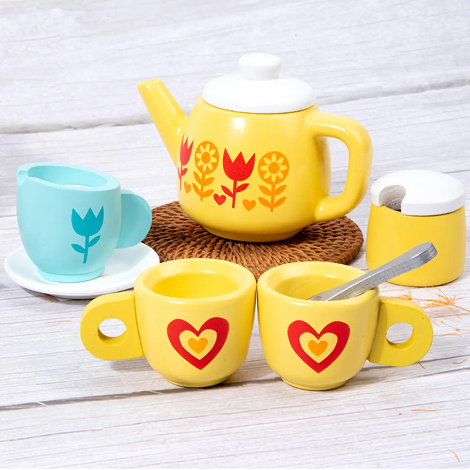 8Pcs Wooden Handicraft Toy Playset Role Pretend Play Montessori Toy Wooden Tea Set for Birthday Party Gift Play Toy 3 Years up