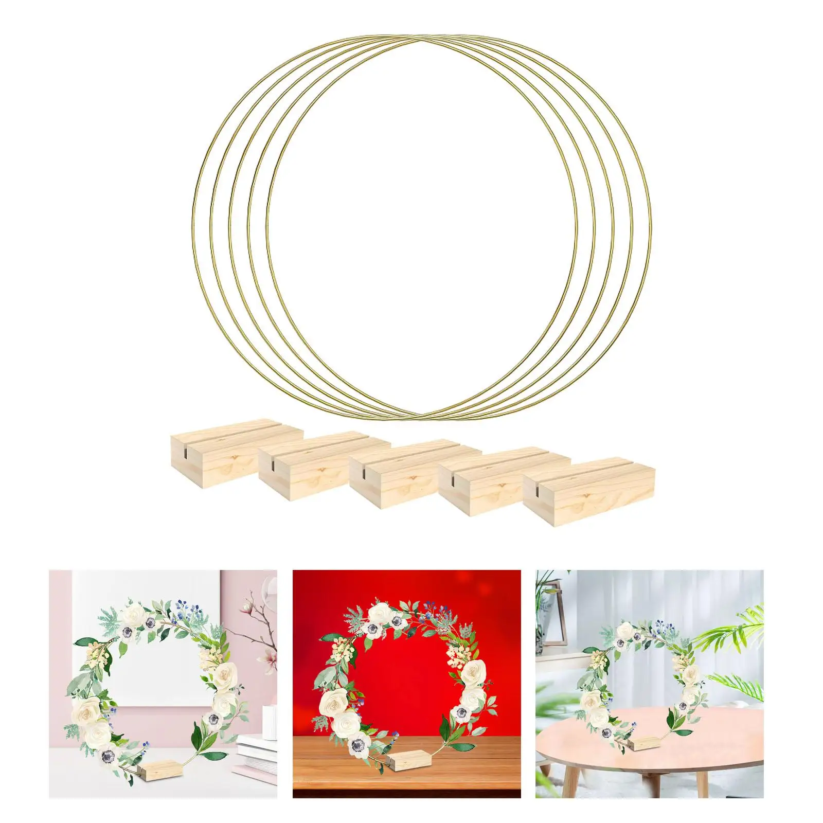 Metal Floral Hoop Garland Hoop Place Card Holders, with Wooden Base Centerpiece for Home Festival Christmas Tabletop Decoration