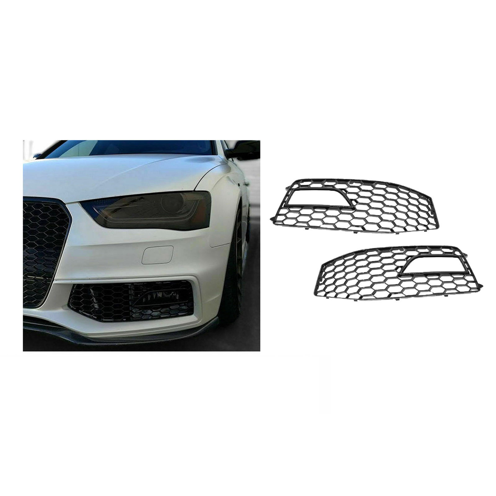 2 Pcs Fog Light Grilles Fog Lamp Frame For RS4 Style S-Line 13-16 Front Bumper Gloss Black