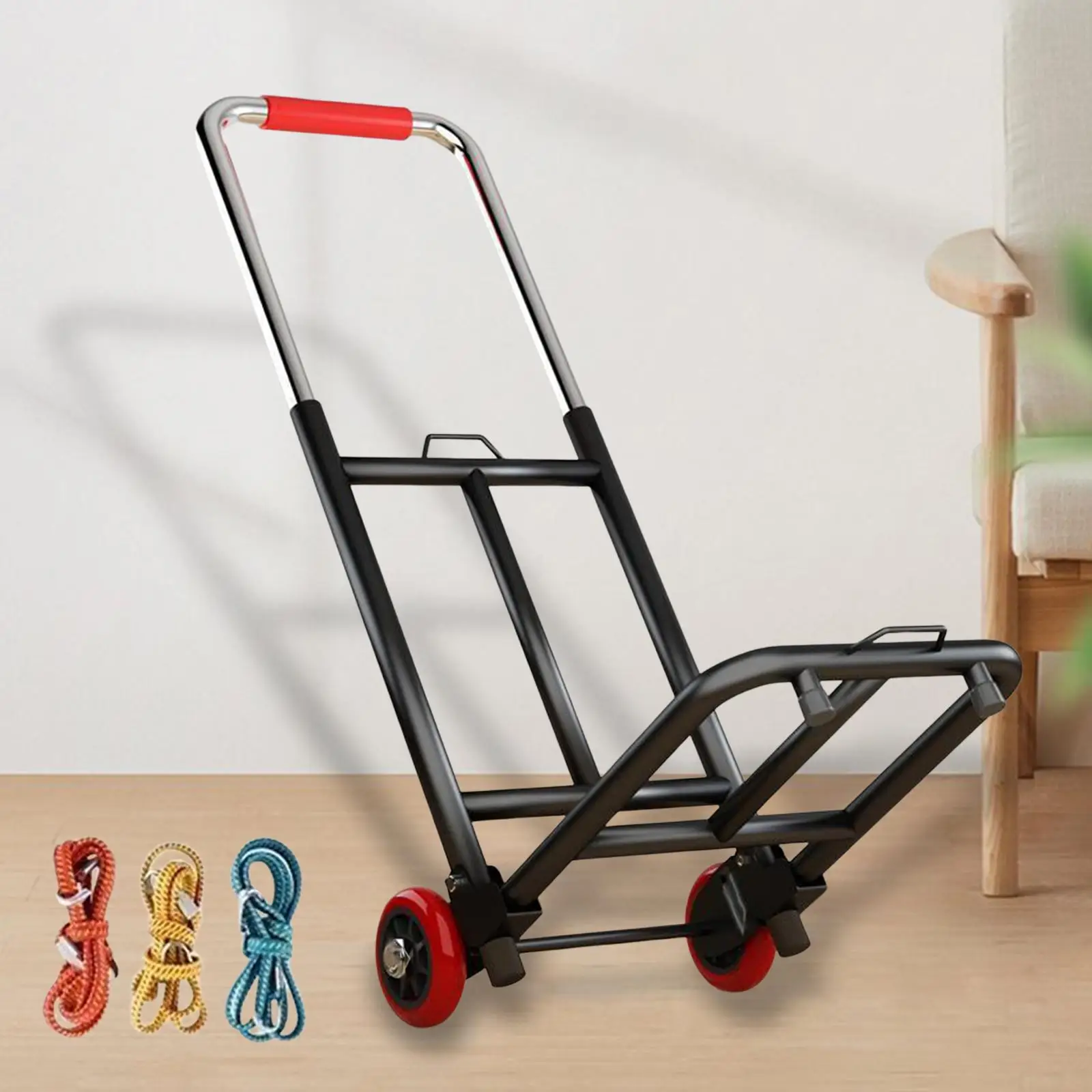 Foldable Hand Truck Dolly Adjustable Handle Trolley Cart Sturdy with 3 Elastic Ropes for Home Moving and Travel Luggage Handcart