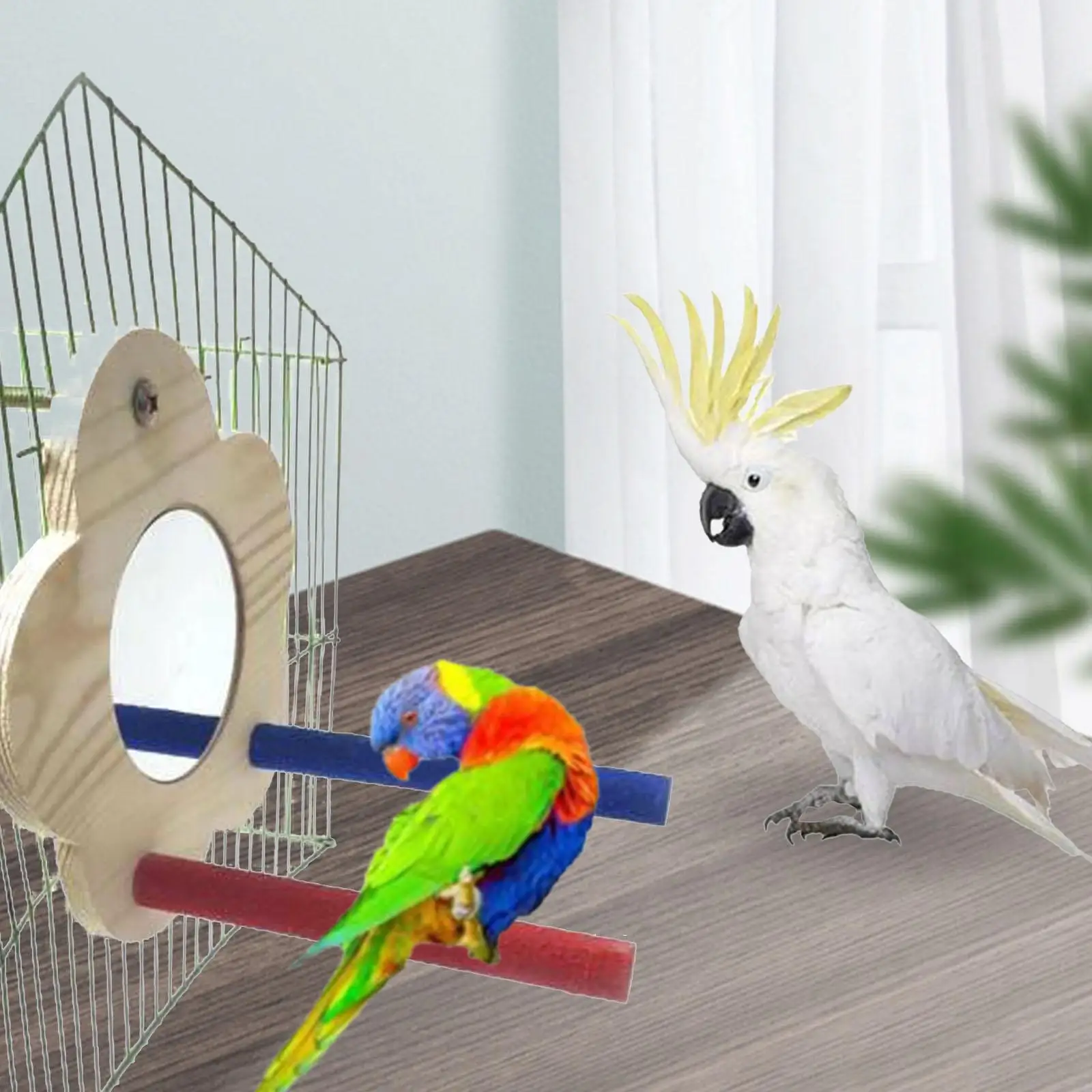 Bird Perch Mirror for Cage Playground Parrot Mirror Perch Wooden Platform Bird Stand Toy for Budgies Small Bird Pet Supplies