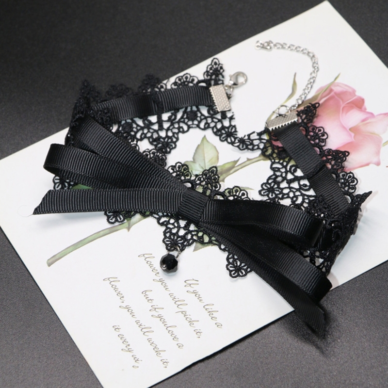 652F Schwarz Spitze Bowknot Halsband Halskette Süße Kragen Halskette Frauen Schlüsselbein Kette – Detail 4