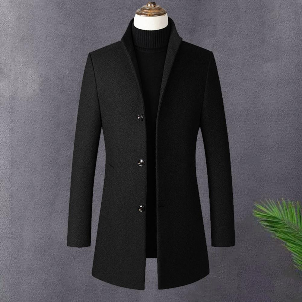 Description Picture 6 of itemMen Fall Winter Trench Coat Thick Warm Pockets Men Jacket Stand Collar Single-breasted Straight Long Sleeve Cardigan Outerwear