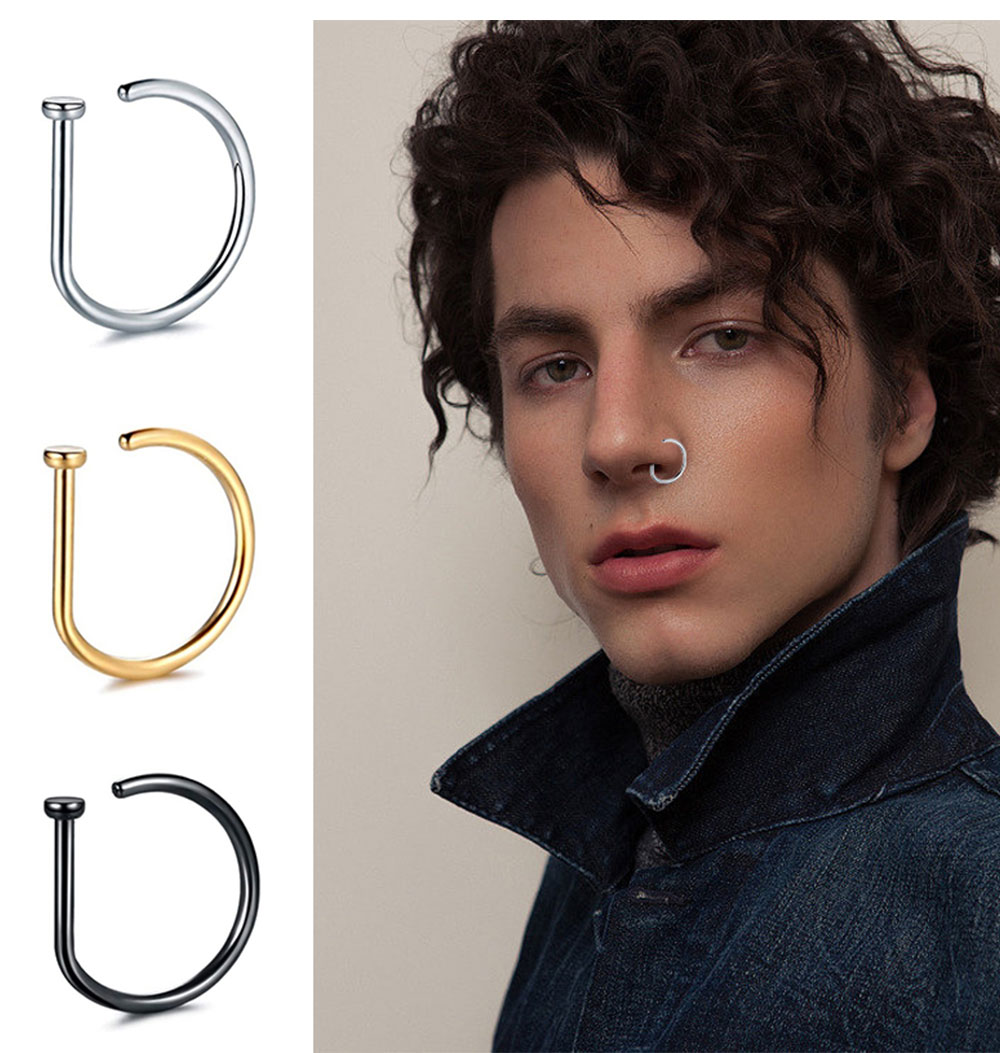 Curved Barbells Fake Nose Piercing D Shaped Tragus Helix Stud Earring Hoop Septum  Stainless Steel Ring Nostril Body Jewelry