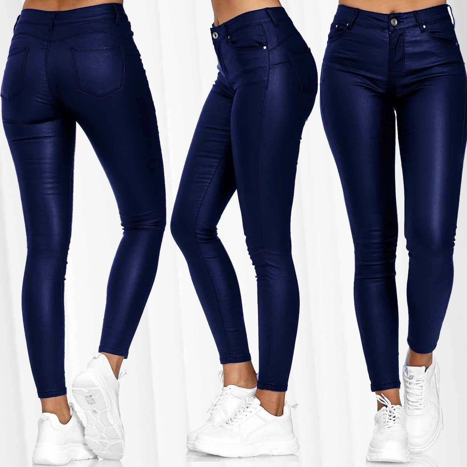 Leggings elegantes de couro sintético com renda Margaretta, azul escuro  --44%