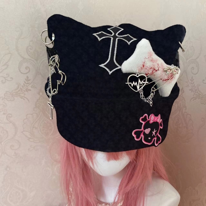 Cat Ear Beanie: Stylish Black Knitted Hat with Jewelry