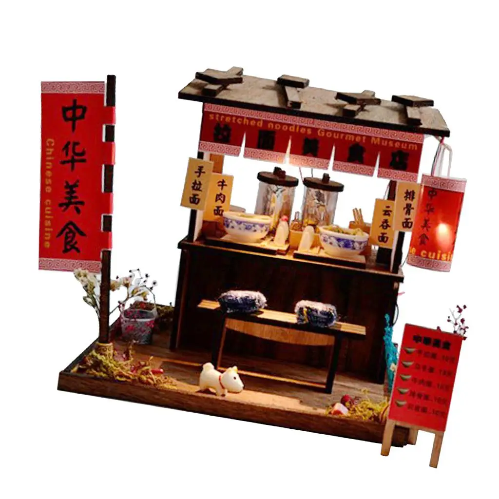 DIY Wooden Mini Dollhouse Noodle Shop Model with LED Lamp Children`