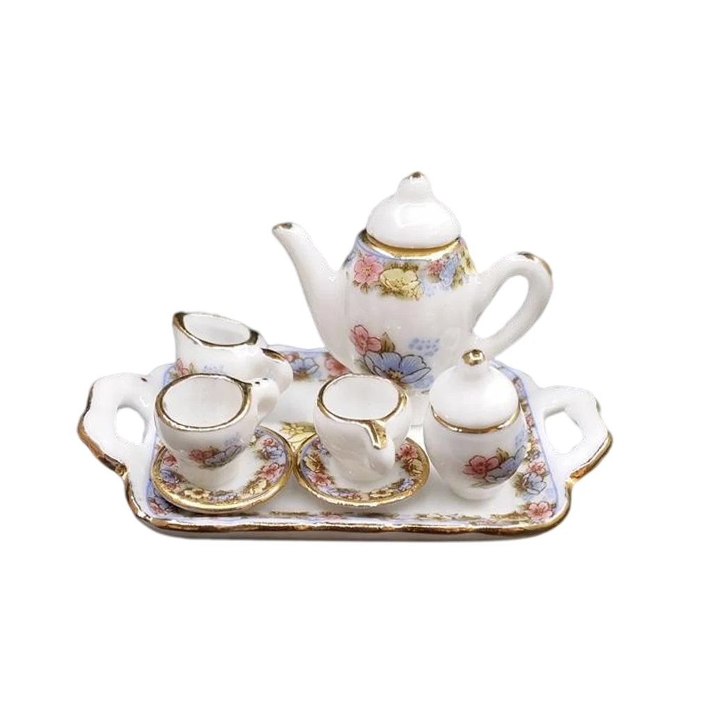 1:12 Miniature Porcelain Tea Cup Set Dollhouse Teapot Tableware for Kitchen