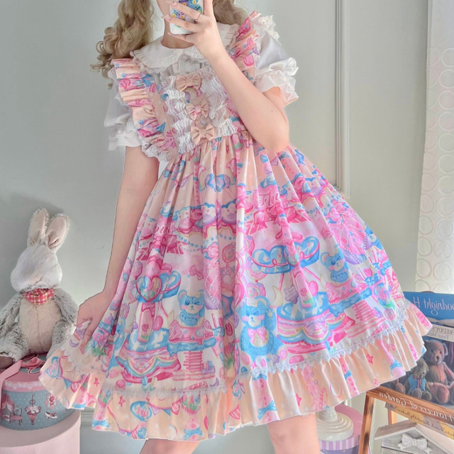 Sweet Lolita Jsk Dress Women Dreamland Cartoon Bear Lace Bow