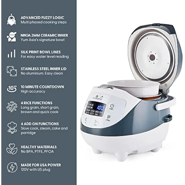 Yum Asia Sakura Rice Cooker with Ceramic Bowl and Advanced Fuzzy Logic (8  Cup, 1.5 Litre) 6 Rice Cook Functions, 6 Multicook Functions, Motouch LED