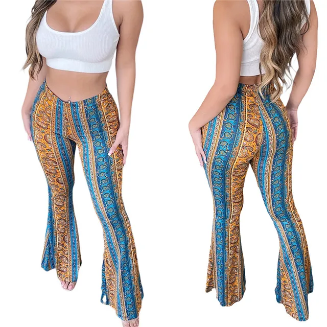 Frauen Boho Flare Pants Ethnic Tribal Print Bell Bottom Yoga