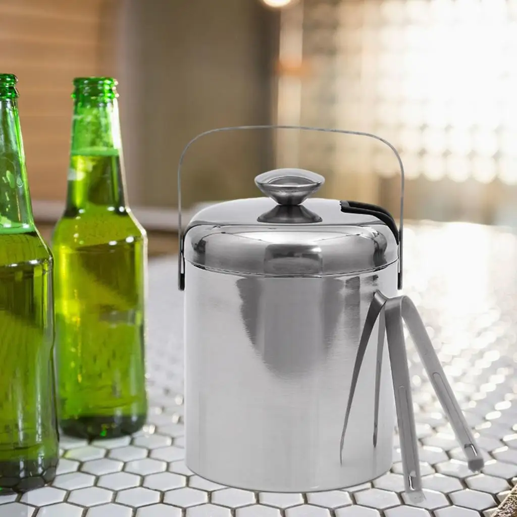 Double-Wall Stainless Steel Insulated Chilling Ice Bucket with Lid Tong Handle