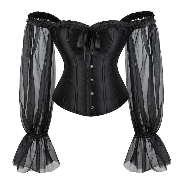 S-6XL Black Corsets for Women Long Sleeves Satin Overbust Corset Sexy Off  Shoulder Shirts Lace Up Bustier Top Gothic Corset - AliExpress