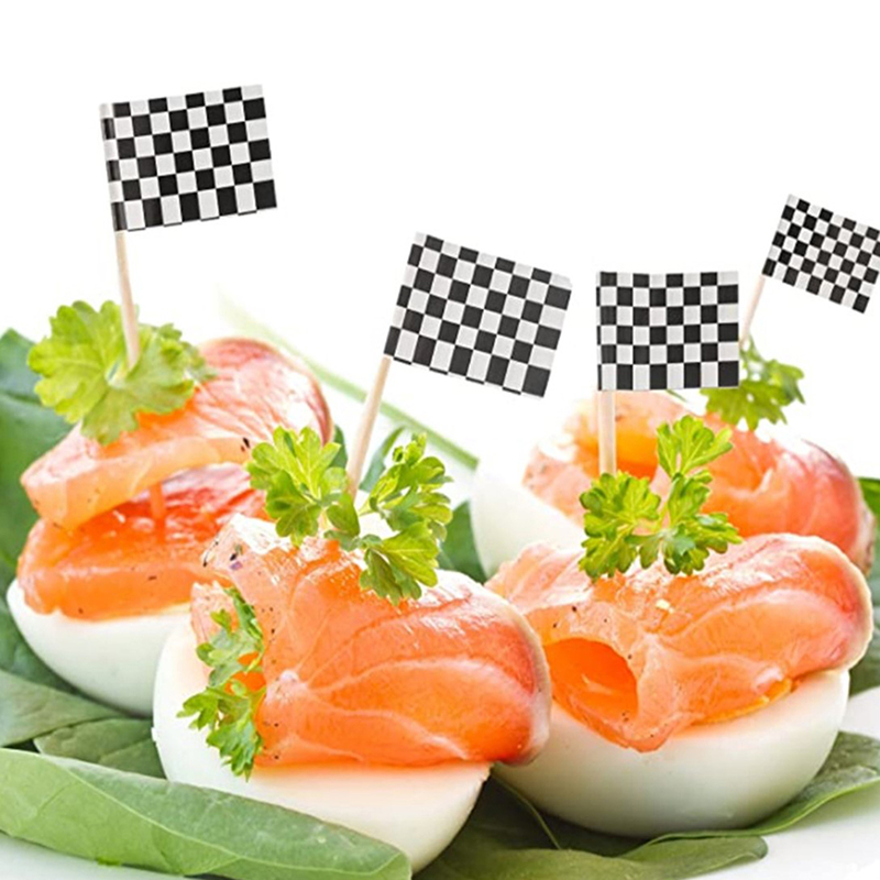 100pcs Racing Flag Toothpicks Checkered Flag Picks Appetizer Toothpicks Fruit Sticks for Cocktail Party Decor - Black and White