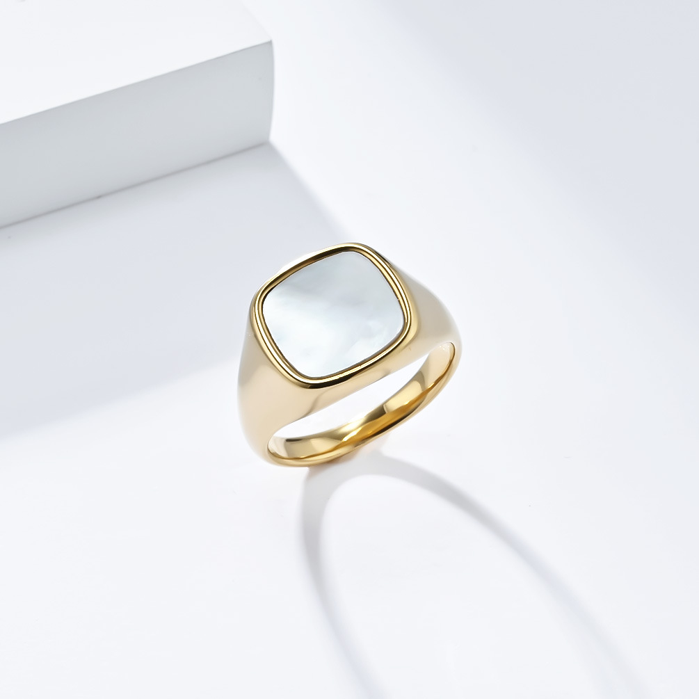 Luxus geometrische quadratische Dichtung eingelegt mit Muscheln Ringe, Edelstahl Damen Modeschmuck – Detail 4