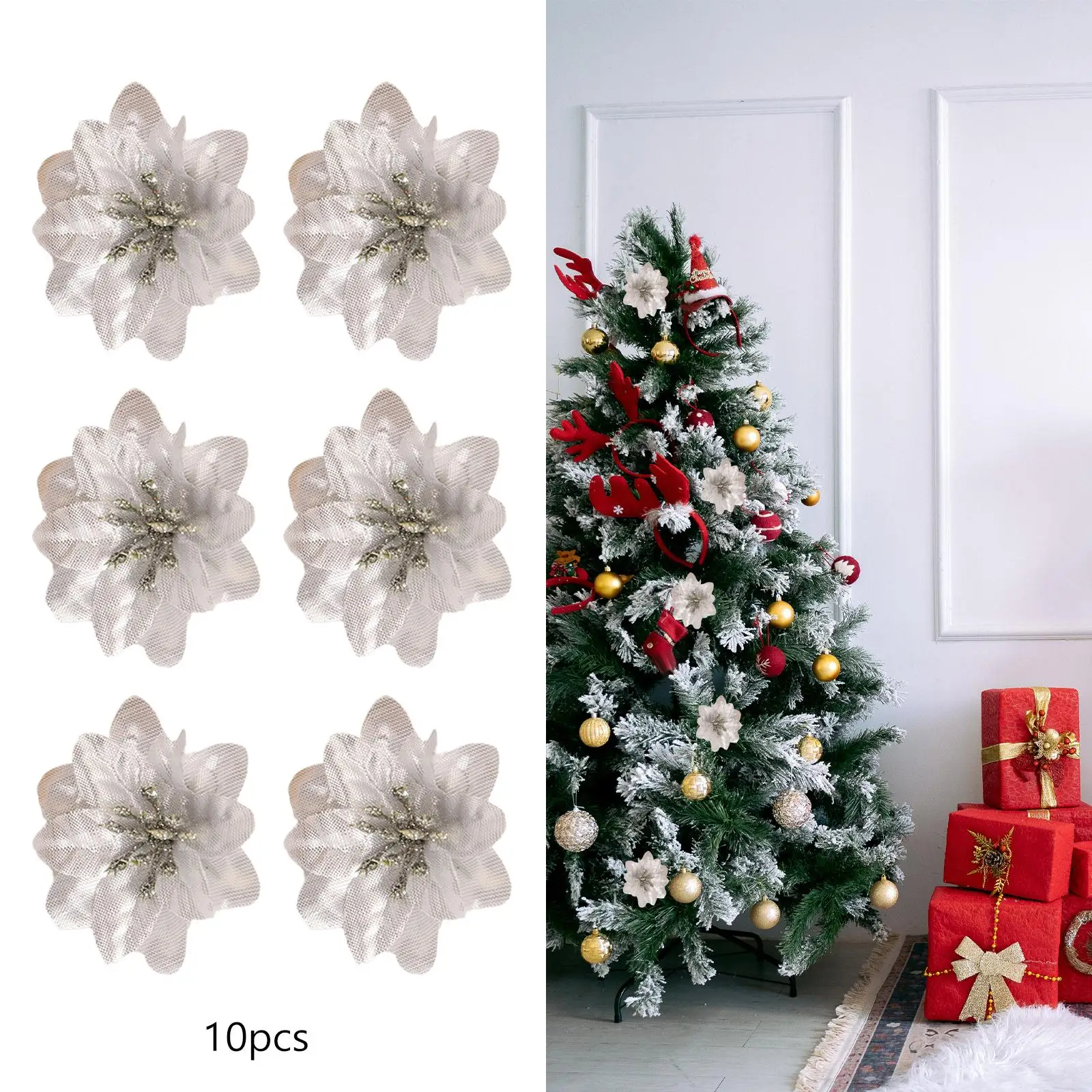 10Pcs Glitter Christmas Flowers Artificial Flowers Christmas Tree Decoration Xmas Tree Ornaments for New Year Garland DIY Wreath