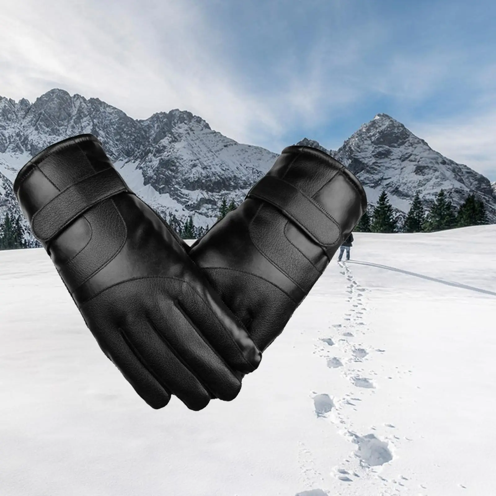 Unisex Thermal Gloves Touch Screen PU Outdoor Autumn Windproof Thicken Mittens for Running Biking Skating Climbing Cold Weather
