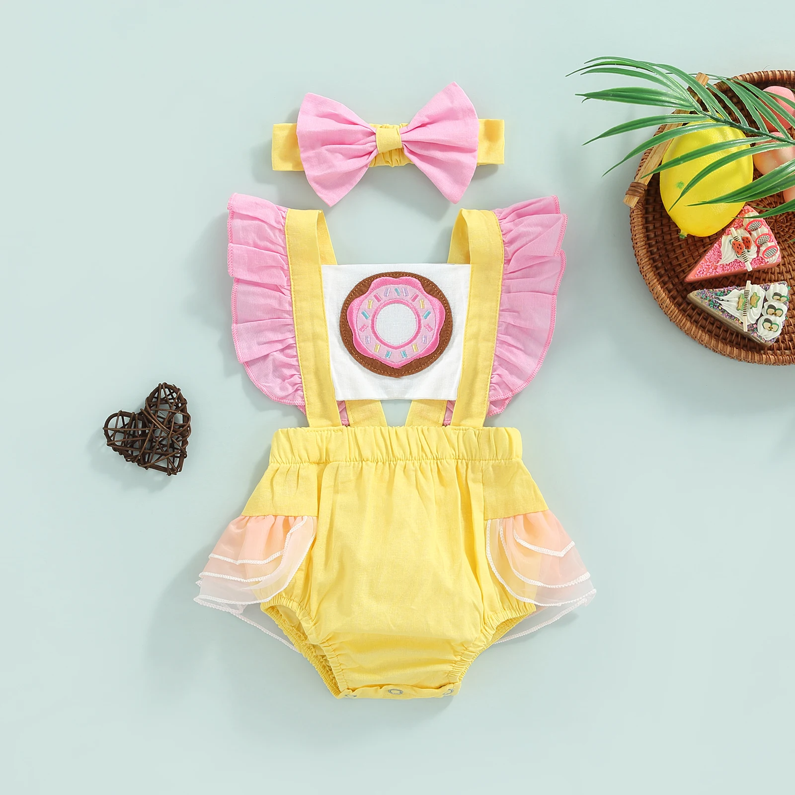 best baby bodysuits Infant Baby Girl Summer Jumpsuit Set, Ruffled Sleeve Donut Graphic Print Contrast Color Romper + Bow Headband cool baby bodysuits	