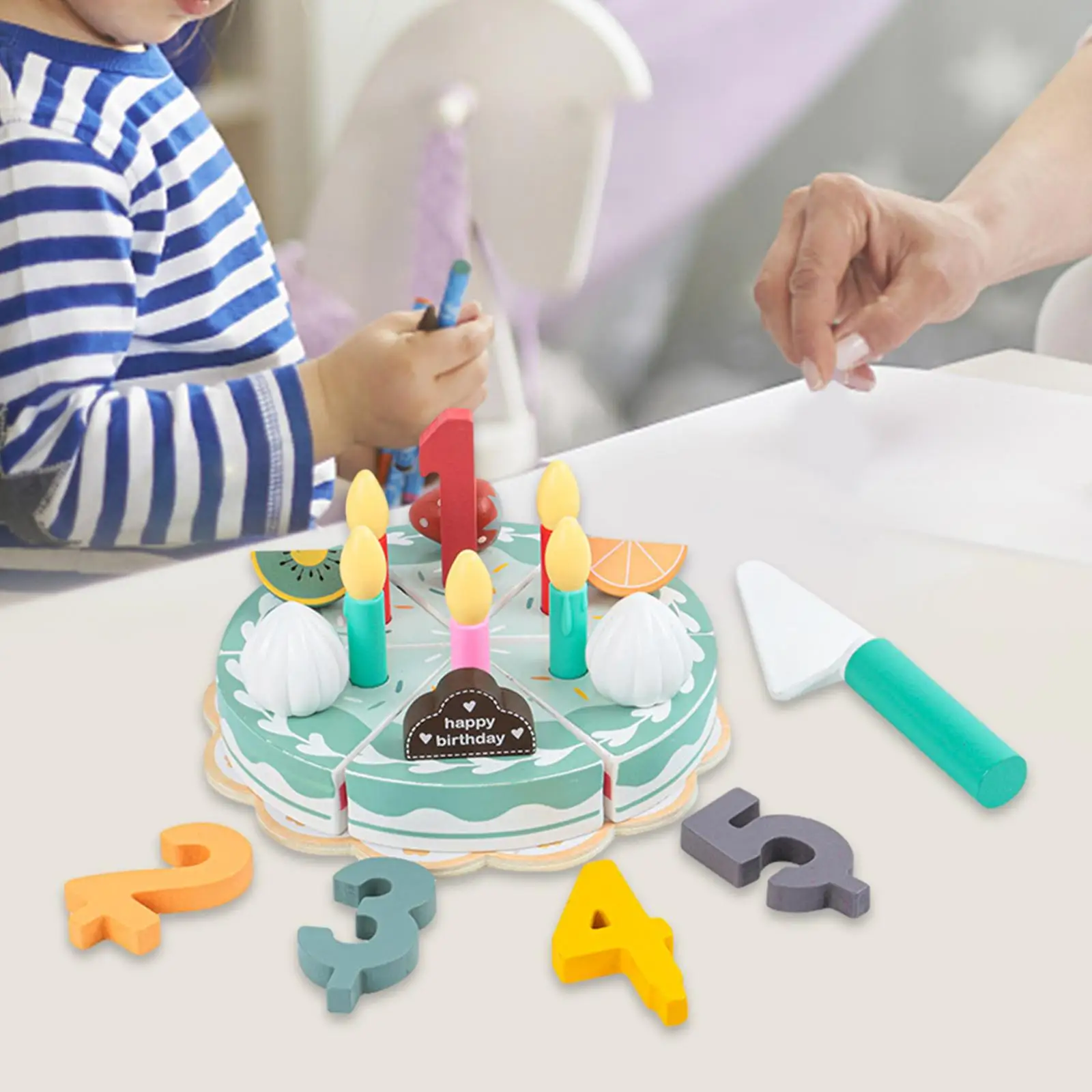 Wooden Cutting Birthday Cake Toys Creative with Candles Fruit Accessories for Kids Toddlers Girls and Boys Preschool Children