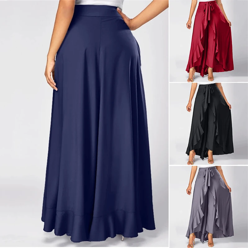 The Elegant Dress Pants Long Dress and Pants Combo 2-in-1 Design Safe  Ruffle Dress Front High Split Tie-Waist Maxi HSJ88 - AliExpress