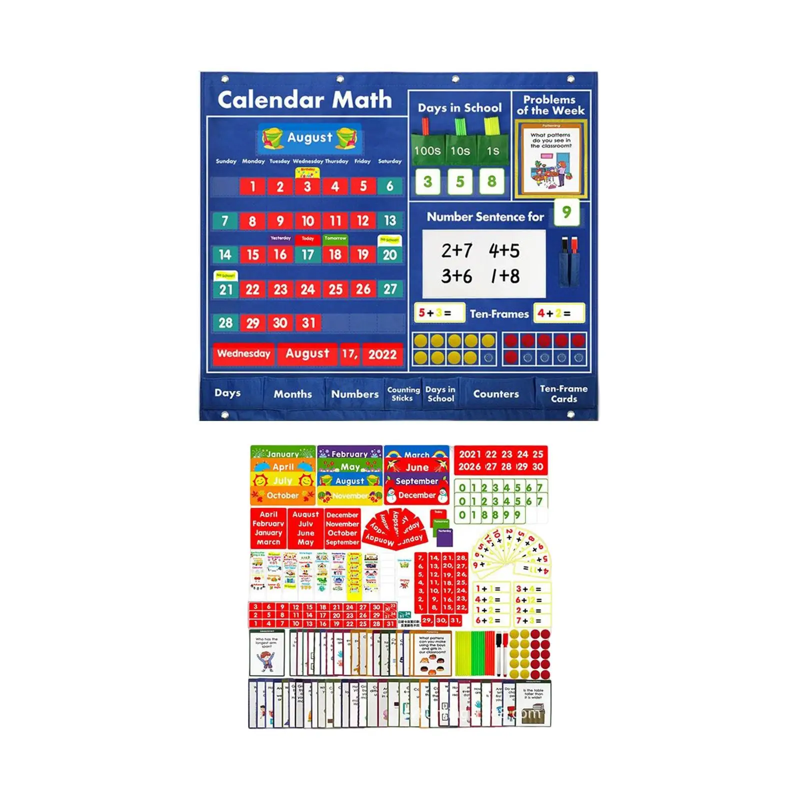 Math Calendar Classroom Pocket Chart 249 Cards Teaching Aid for Math Activities Kids