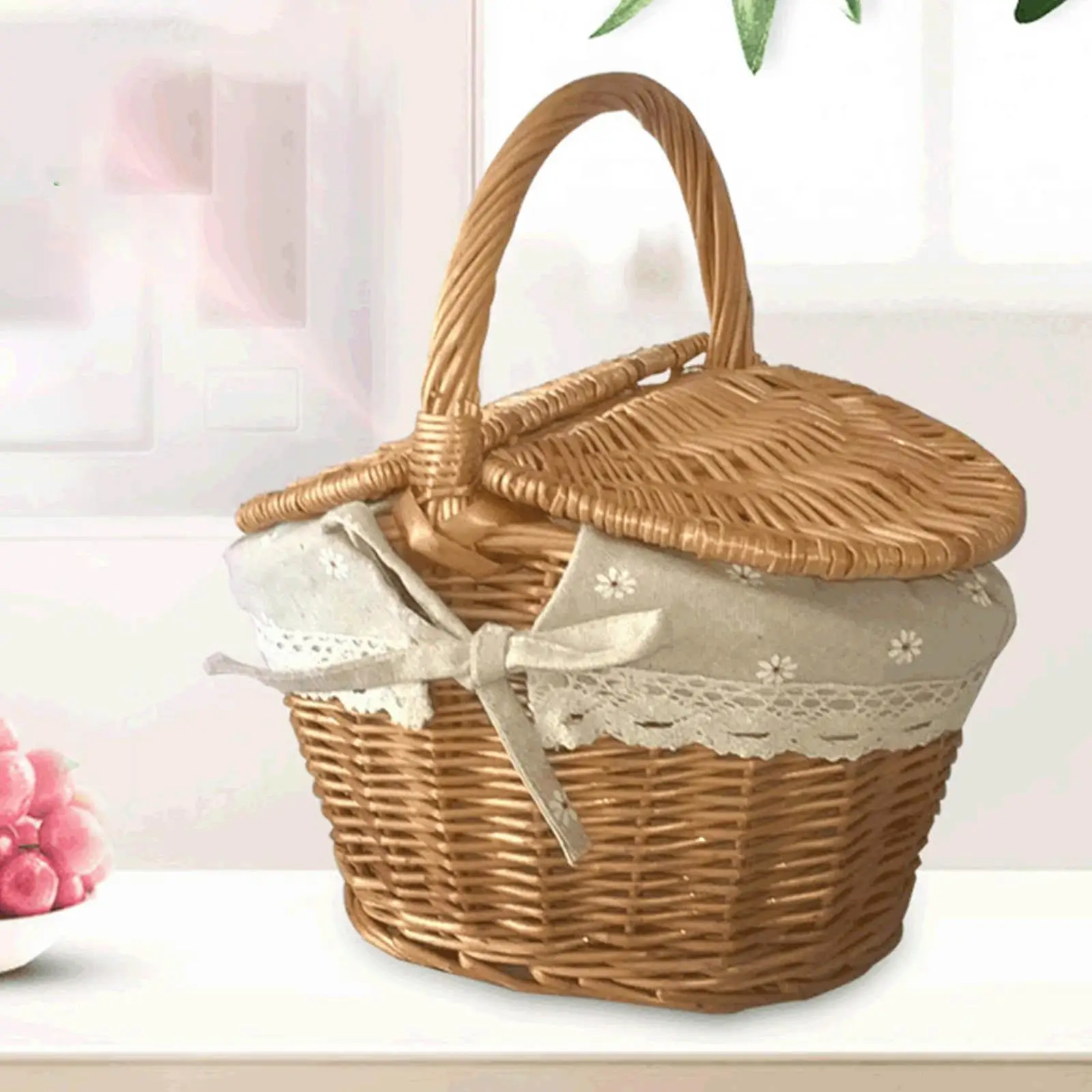 Handwoven Wicker Picnic Basket with Lid and Handle for Chips Fruits Bread
