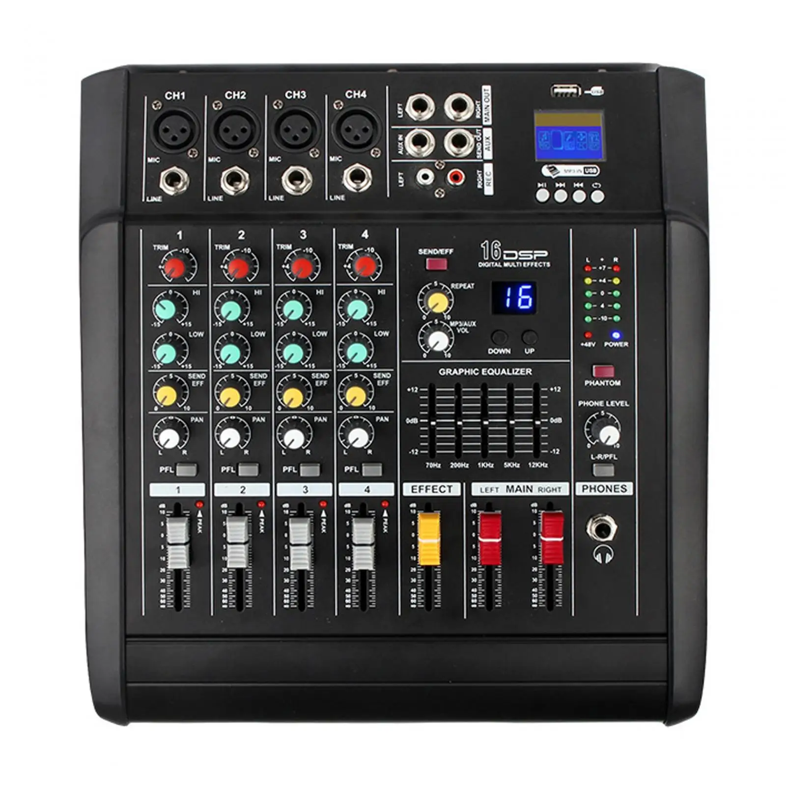 DJ Audio Mixer Amplifier USB Bluetooth 16 Bit DSP Effect DJ Mixer Mixing Console for Studio Performance Stage Party Recording