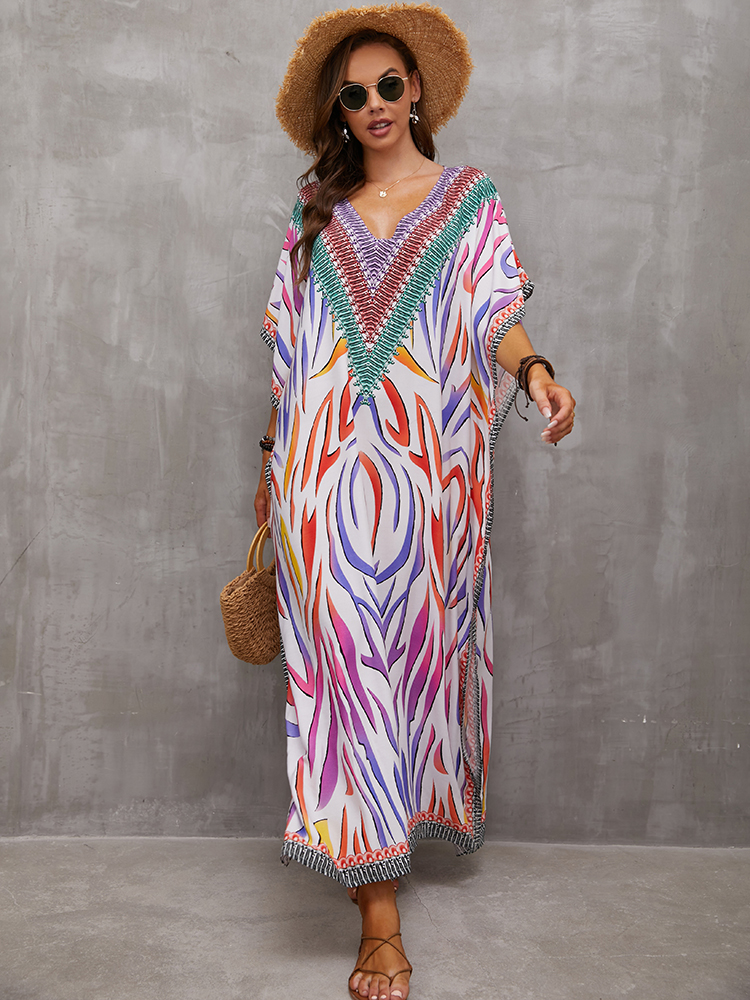 vestido boêmio kaftan vestido longo feminino pescoço impressão maxi vestido túnica para praia robe plage sarong beachwear maiô cobrir