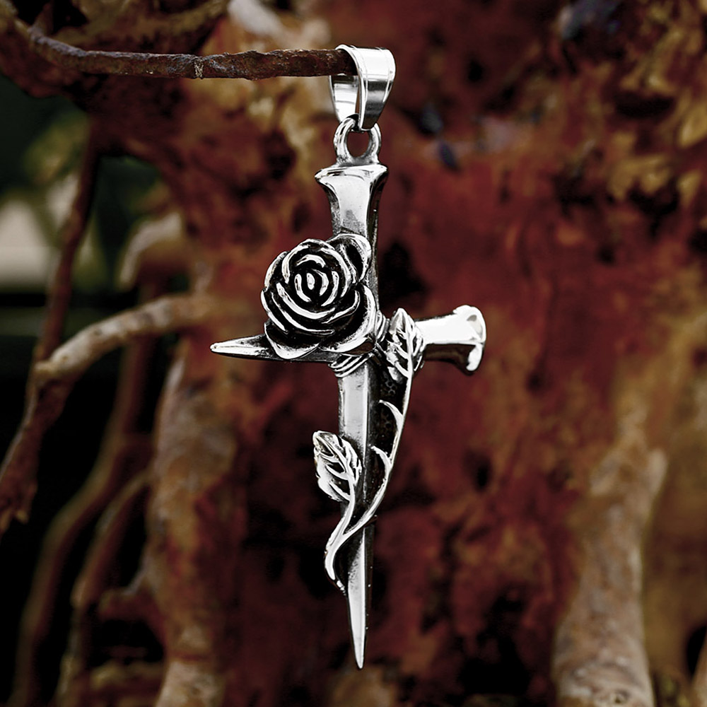 Neue Vintage 316l Edelstahl Punk Cross Halskette für Männer Mode Biker Rose Anhänger einzigartige romantische Amulett Schmuck Geschenke – Detail 3