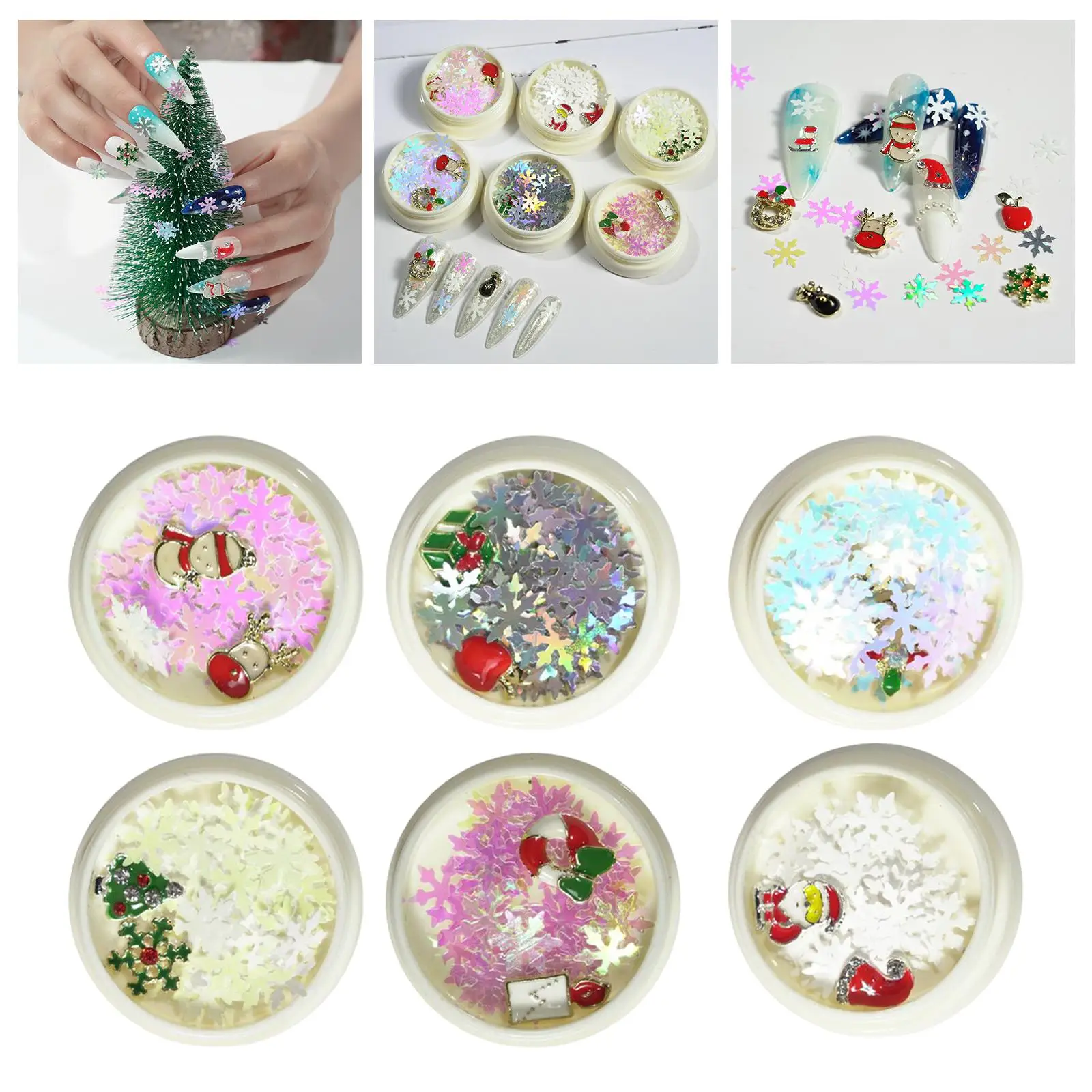 6 Colors Christmas Nail Art Glitters, Manicure Tips DIY Christmas Decorations 3D Nail Art Decals Glitters Set Salon Home Use