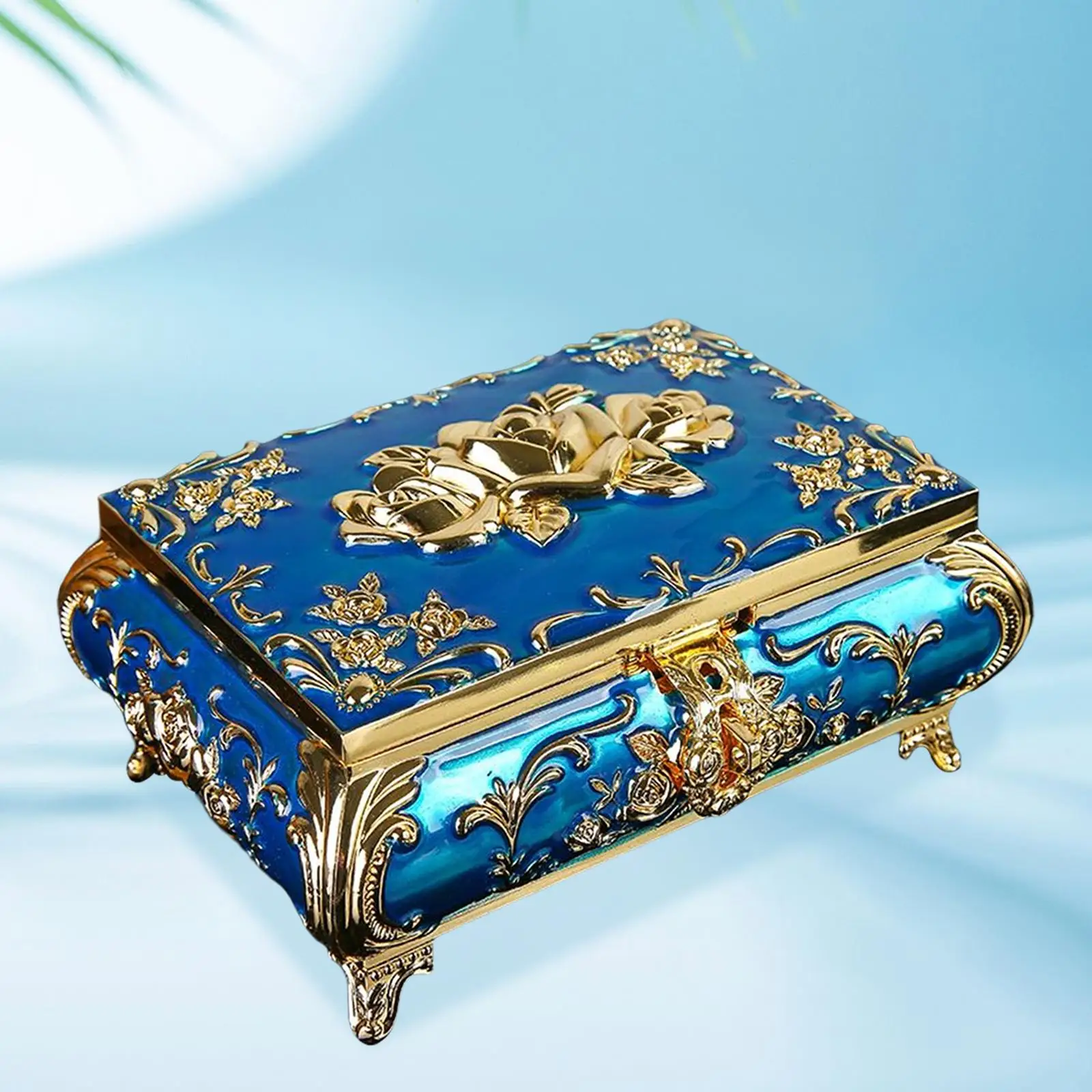 Rectangular Rose Engraved Trinket Box Blue Jewelry Box Wedding Centerpieces Durable Decorative Anniversaries Gift