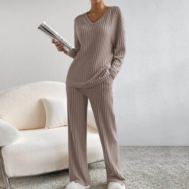 Ribbed Knit Pajama Set Long Sleeve Pajama Set Cozy Knitted Sweater