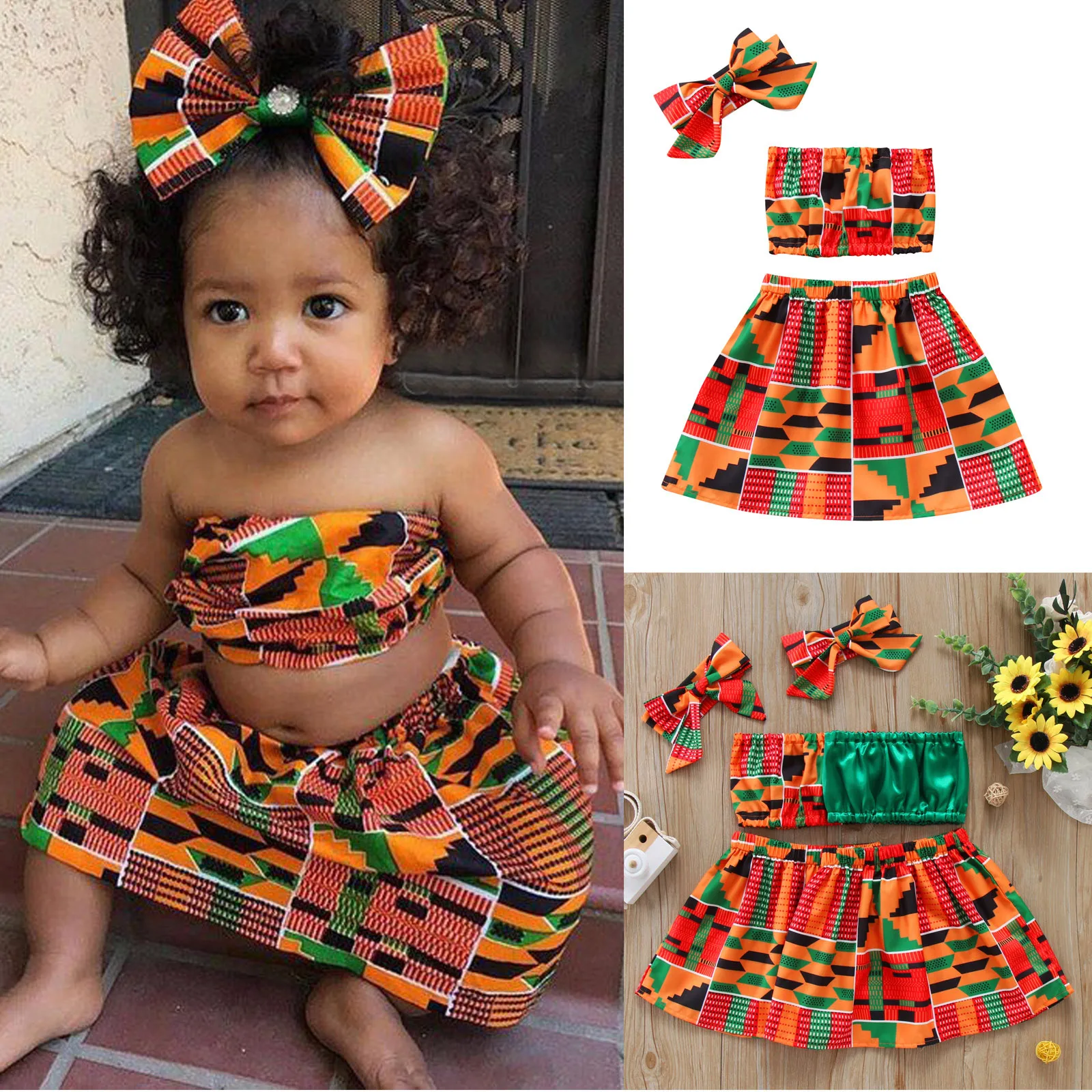 Baby Toddler Girls African Dashiki Tops and Skirts with Headband