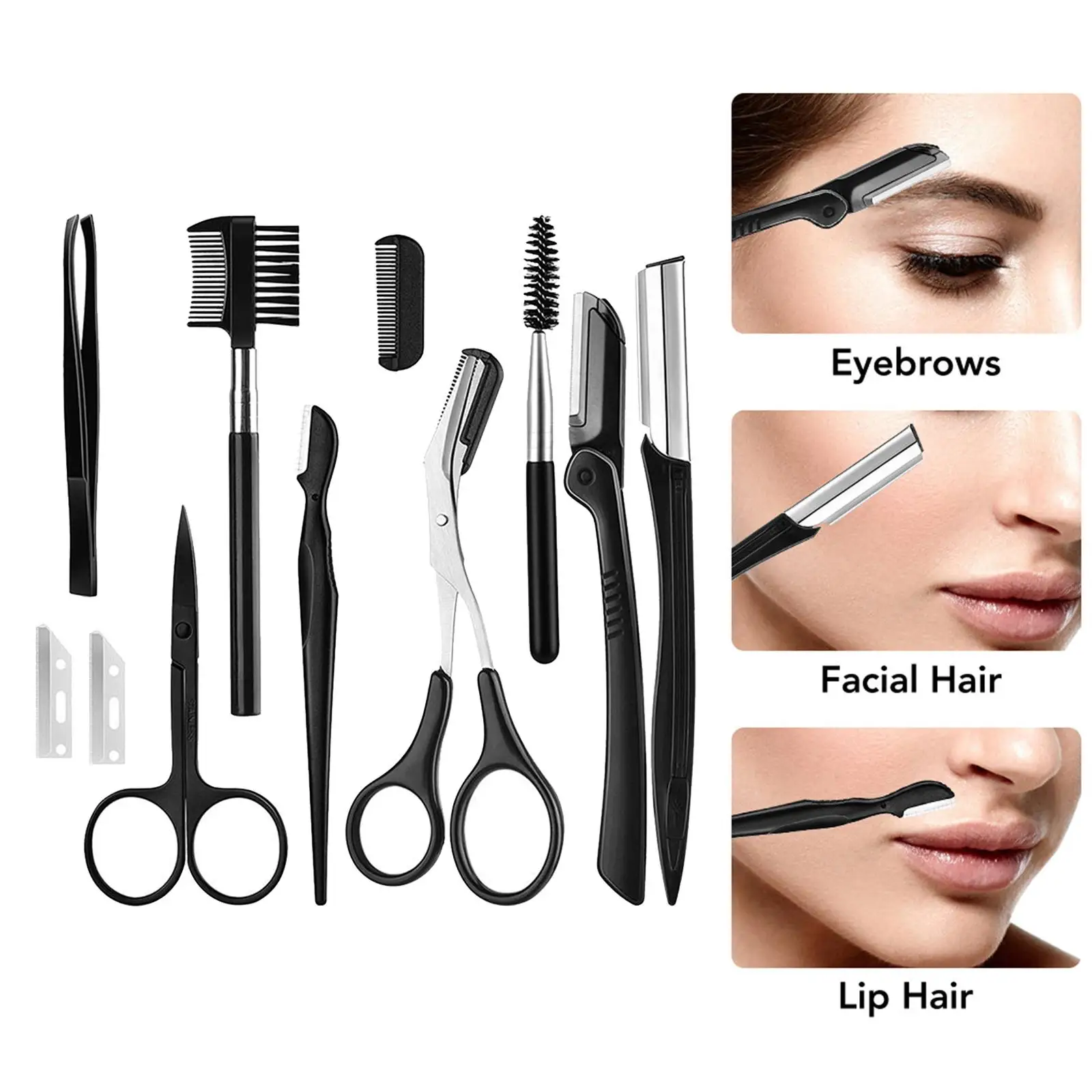 11 In 1 Pro Eyebrow Razor Facial Hair Trimmer Shaper Tweezer Scissors Brush Comb Eye Brow Grooming Kit for Men Women