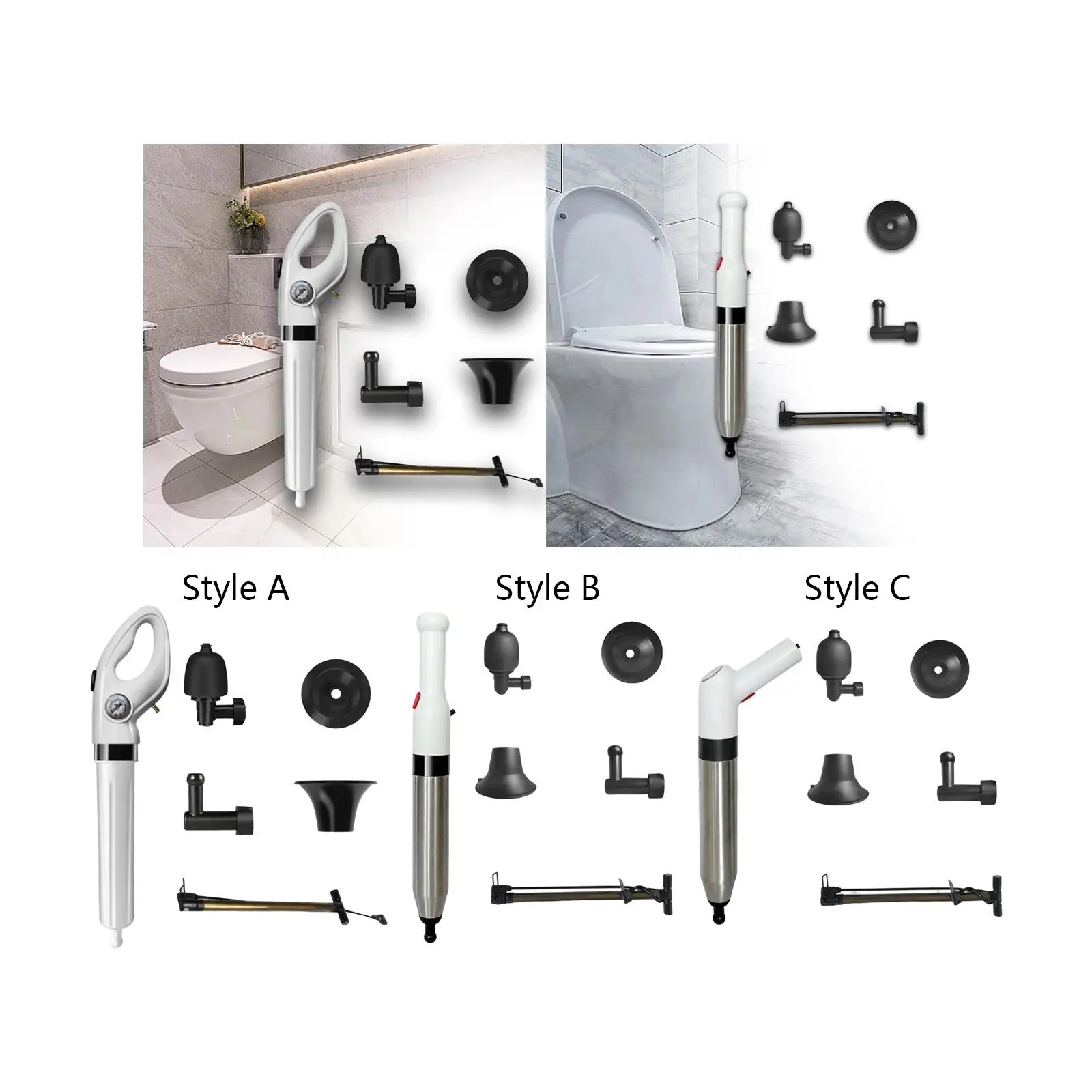 Toilet Plunger Drain Set with Replaceable Heads for Sink Washbasin