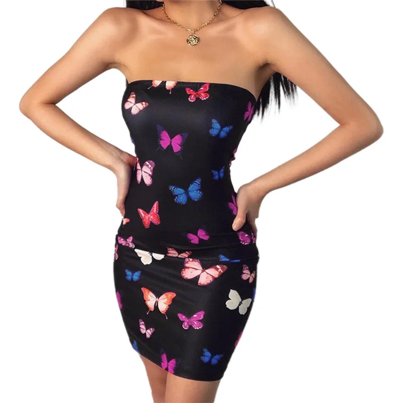 Butterfly Print Off Shoulder Sexy Dress Women Fashion Stretchy Package Hip Dress Tube Dress Holiday Clubwear Patry Mini Dress