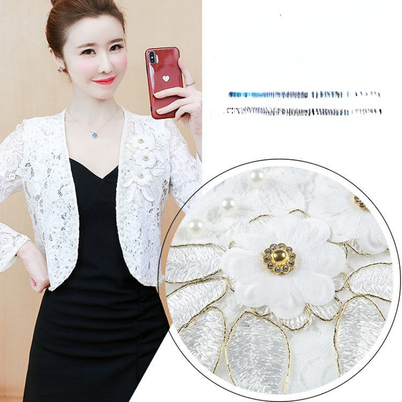2023 Women's Lace Top Sun Protection Short Jacket Spring Summer Lace Cardigan Thin Bead Embroidered Flowers Diamond Small Shawl