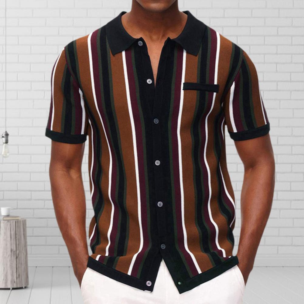 Men's Summer Knitted Shirt Contrast Color Single breasted Short Sleeve Stripe Print Knitted Summer Tops Male Clothes 14 Sce31372cde86450190cdece22dd10dd5C