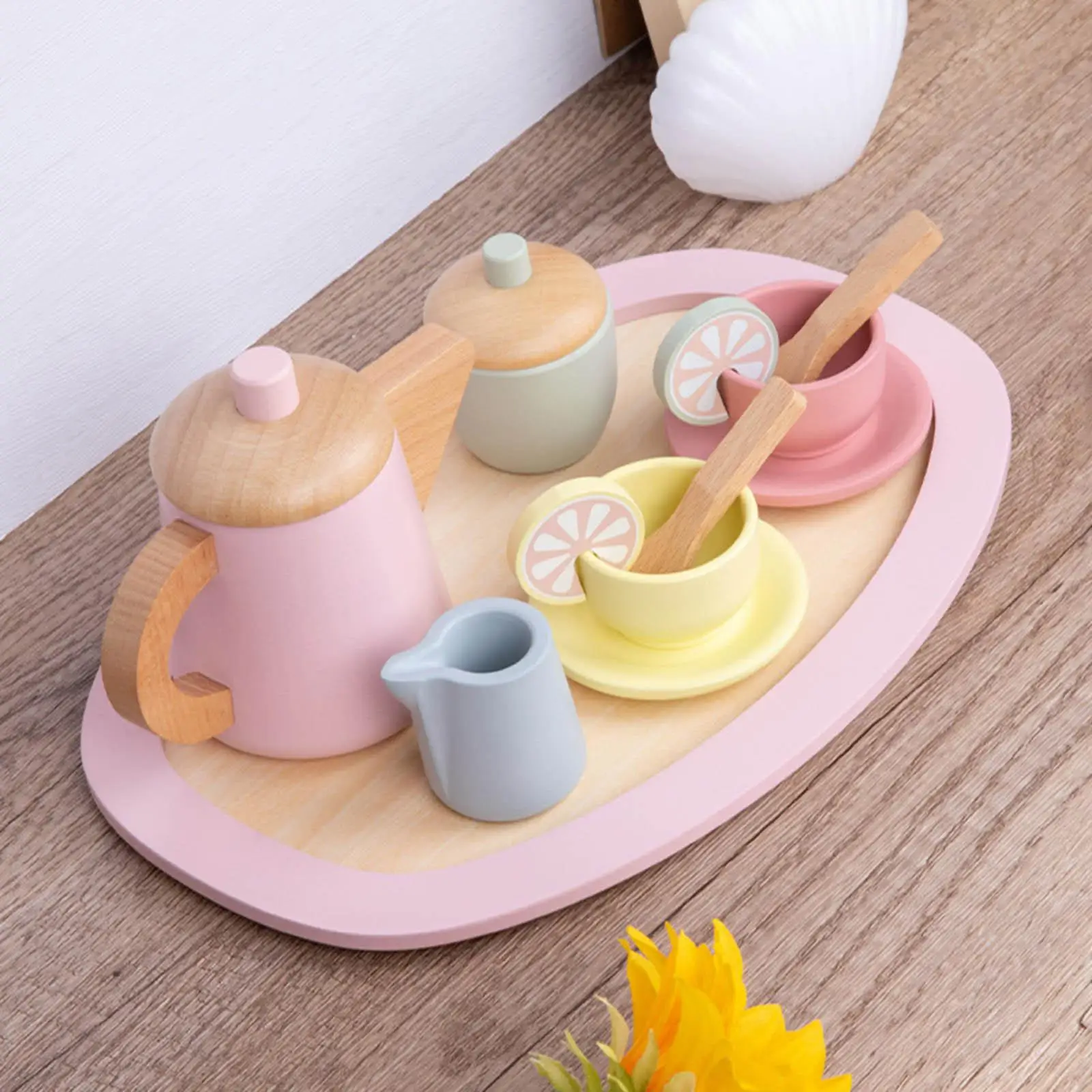 Wooden Tea Set set  Cup Saucers Spoons Tray Early Educational Wood Tableware Set  Years Up Birthday Gift