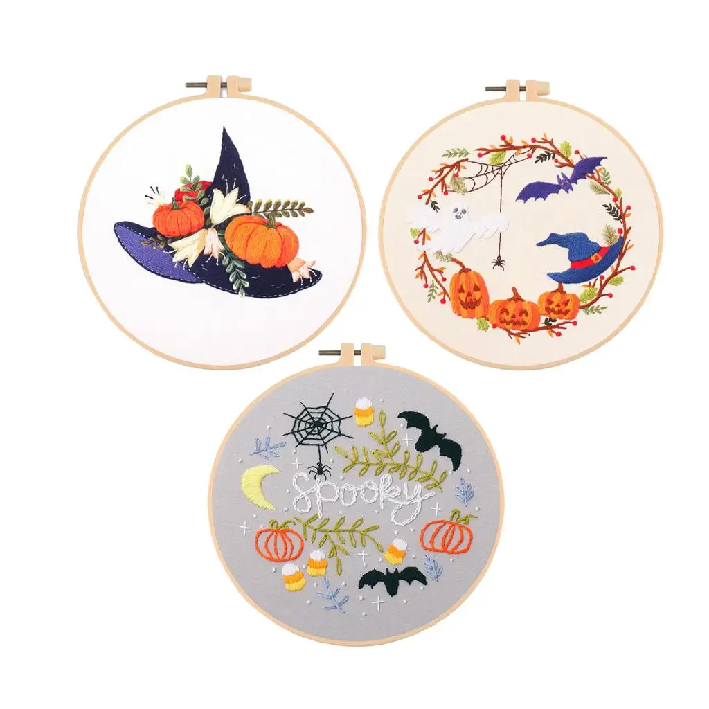3 Sets Halloween Embroidery Starter Kit with Pattern DIY Beginners Craft Cross Stitch Needlepoint Set Stamped Cloth with Hoops