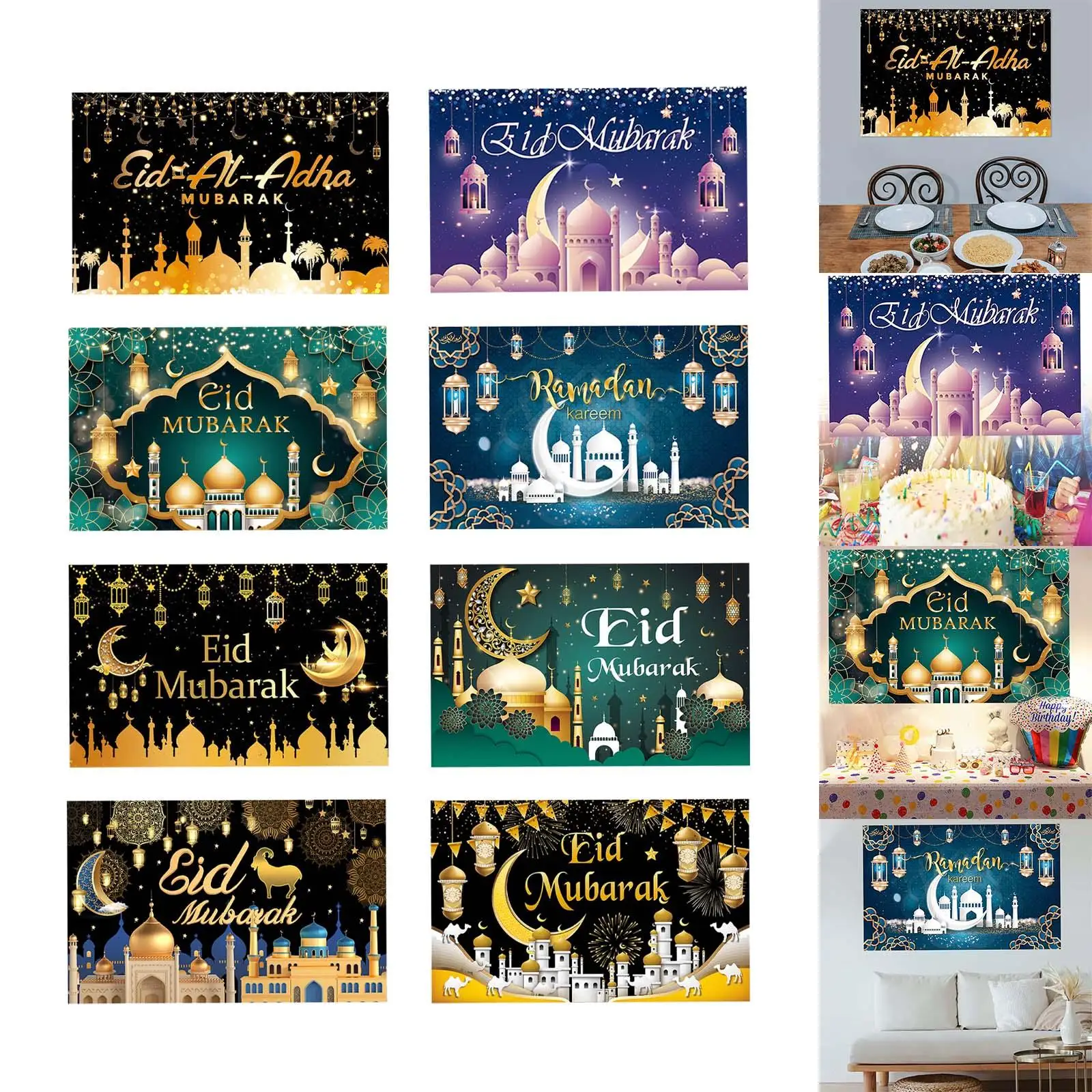 Ramadan Kareem Backdrop Large Durable Polyester Eid Mubarak Background for Patio Indoor Outdoor Entry Hall Porch Entry