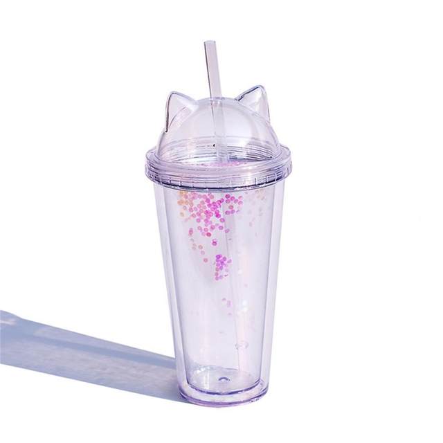 Plastic Cups With Straw Sequin Double Layer Water Bottle Cat Ear Cute  Tumbler For Birthday Gift Summer Drinkware Dropshipping