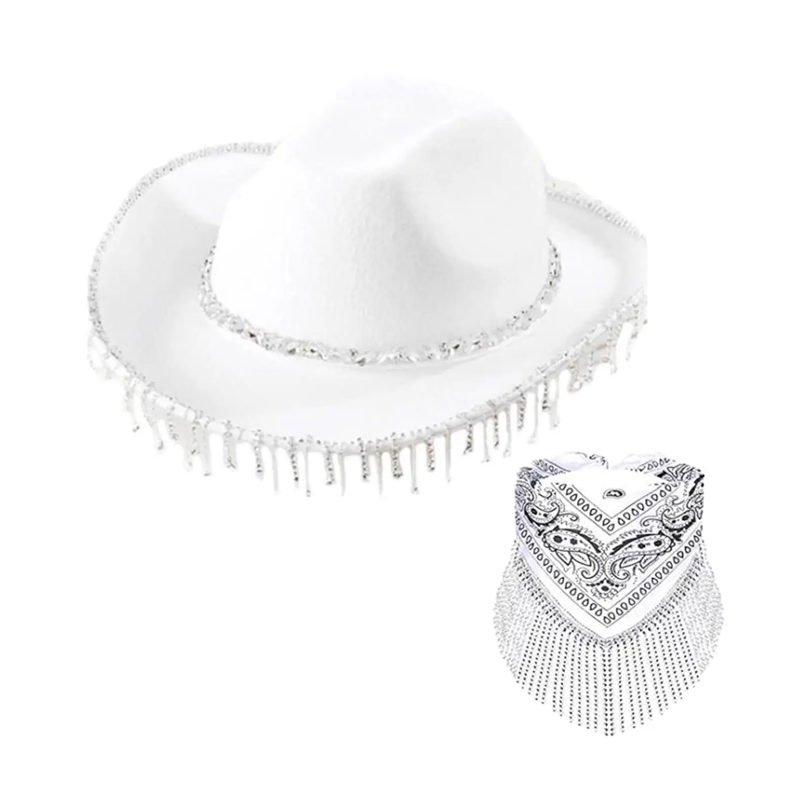 Western Cowboy Hat and Bandana Sunhat Rhinestone Fringe Hat Wide Brim Cap Cowgirl Hat for Women Role Play Bridal Travel Wedding