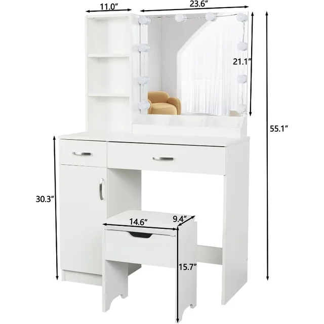 White Makeup Vanity with 10 Light Bulbs Modern Vanity Table with Mirror  &Outlets