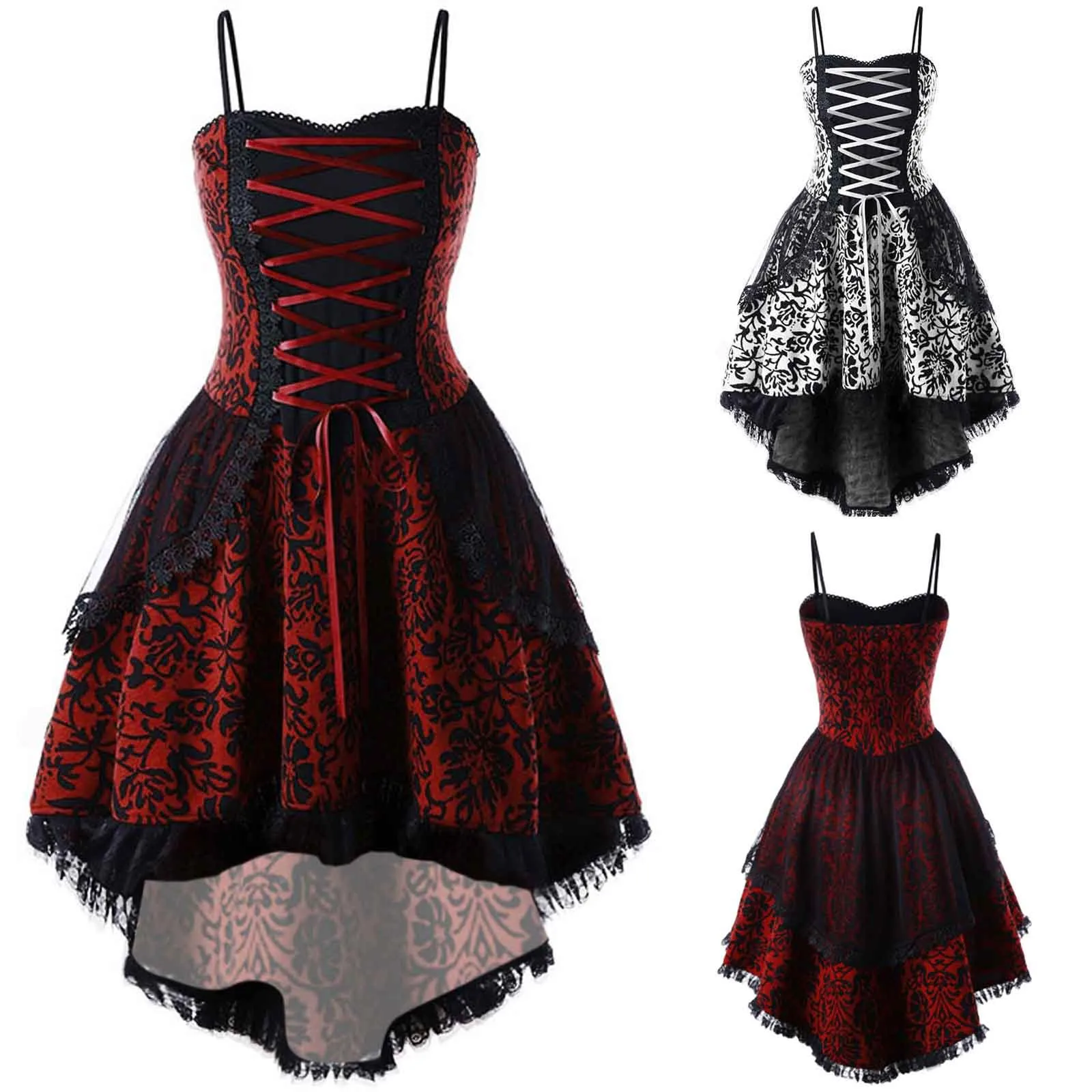 Lace Gothic Vintage Dress Women Halloween Cosplay Costume Irregular Sleeve Dresses Robe Medieval Ghost Vampire Clothing