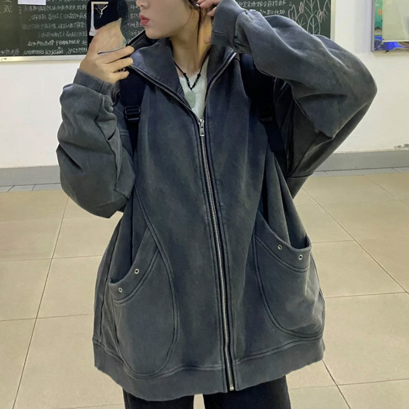 Description Picture 2 of itemHigh Street Y2k Jackets Hooded Pockets Zipper Solid Color Long Sleeve Coats Harajuku Vintage Autumn Casual Loose Women Clothing