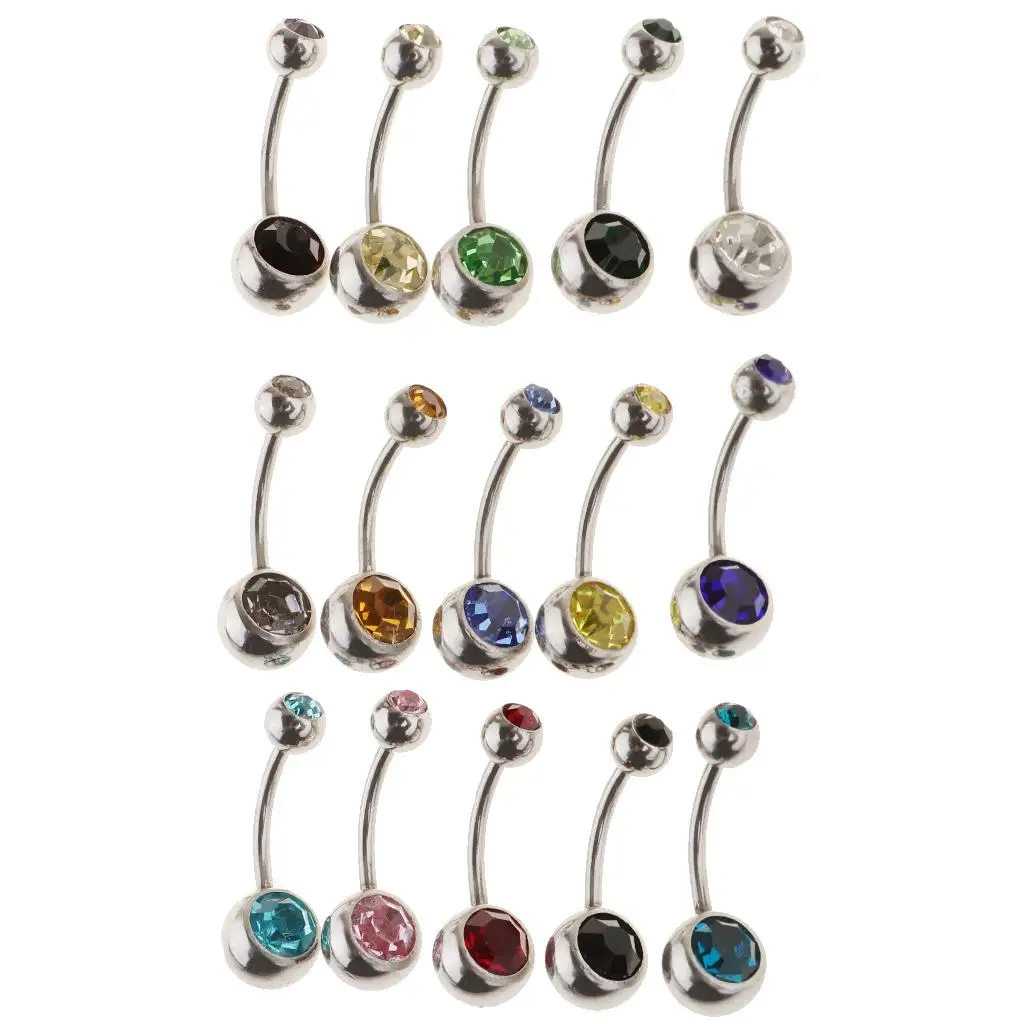 15Pcs Fashion Multicolor Crystal Navel Barbell Women Belly Button Rings - 18g