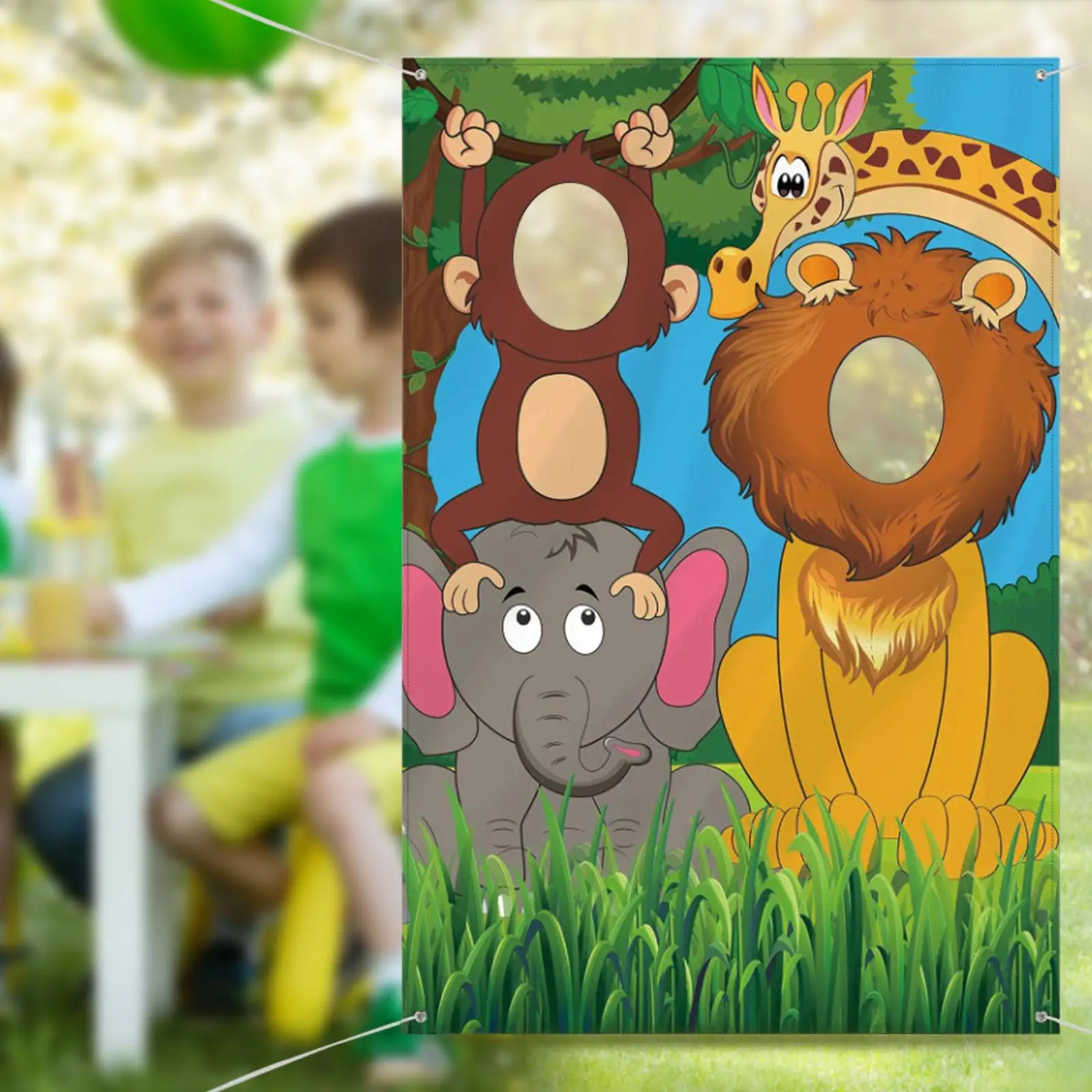 Jungle Animals Party Photo Prop Backdrop Bright Colors Printed with Lion Giraffe Elephant and Monkey with Zoo Animals Elements