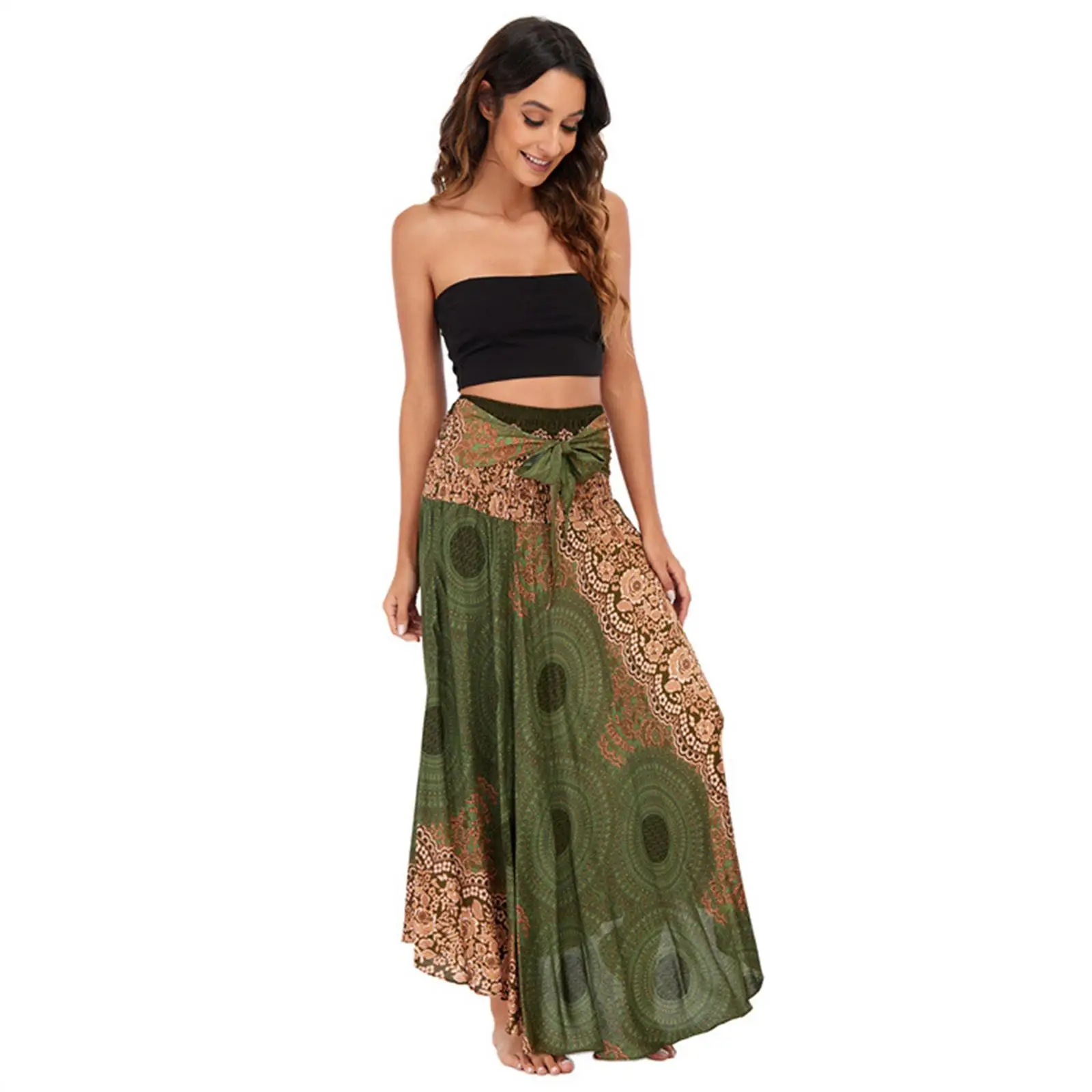 Cotton  Maxi Skirt Hippie Style Bohemian High Waisted Printed Dancing Costume Wrap  for Women Stage Performance Latin  Dance