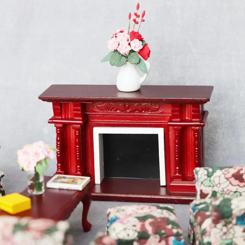 Simulation Red Wood Miniature Fireplace Freestanding for 1/12 Doll House Furniture Living Room Decor DIY Scene